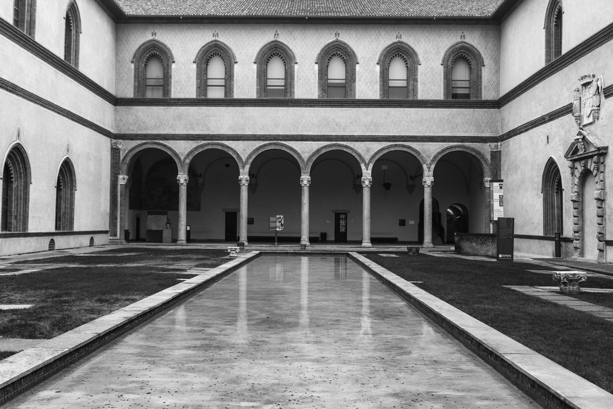 Sforza Castle inner yard with lake, Milan